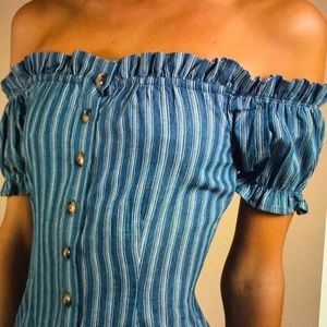 Stripe blue chambray off the shoulder dress